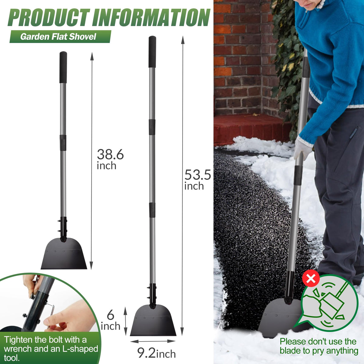 Walensee flat shovel long-handle assembly enables back-friendly yard cleanup.