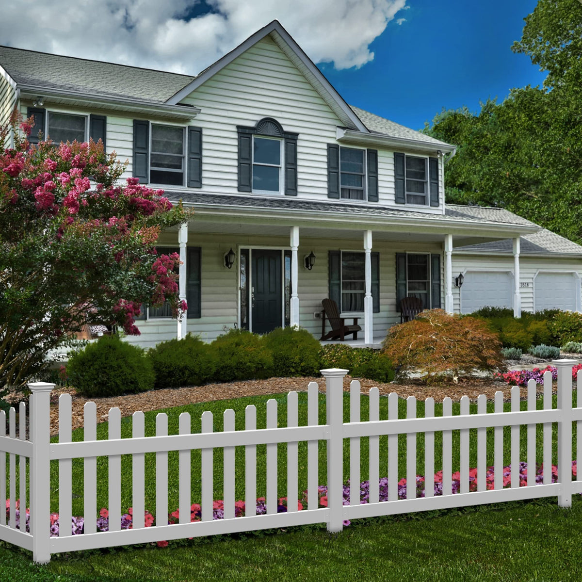 WamBam Fence All American scallop top white vinyl fence panel for backyard privacy and curb appeal