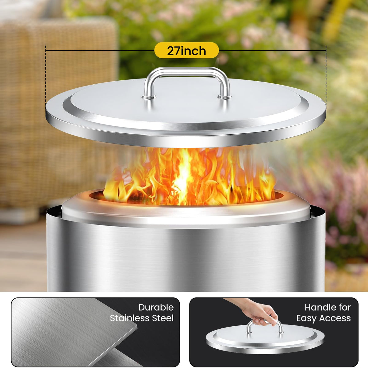 Wanchao Yukon lid preserves embers and keeps the fire pit tidy.