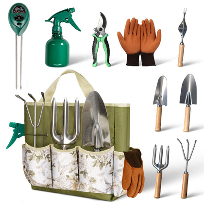 Wanderroot 10-piece garden tool set with tote bag for organized, ready-to-garden tasks.