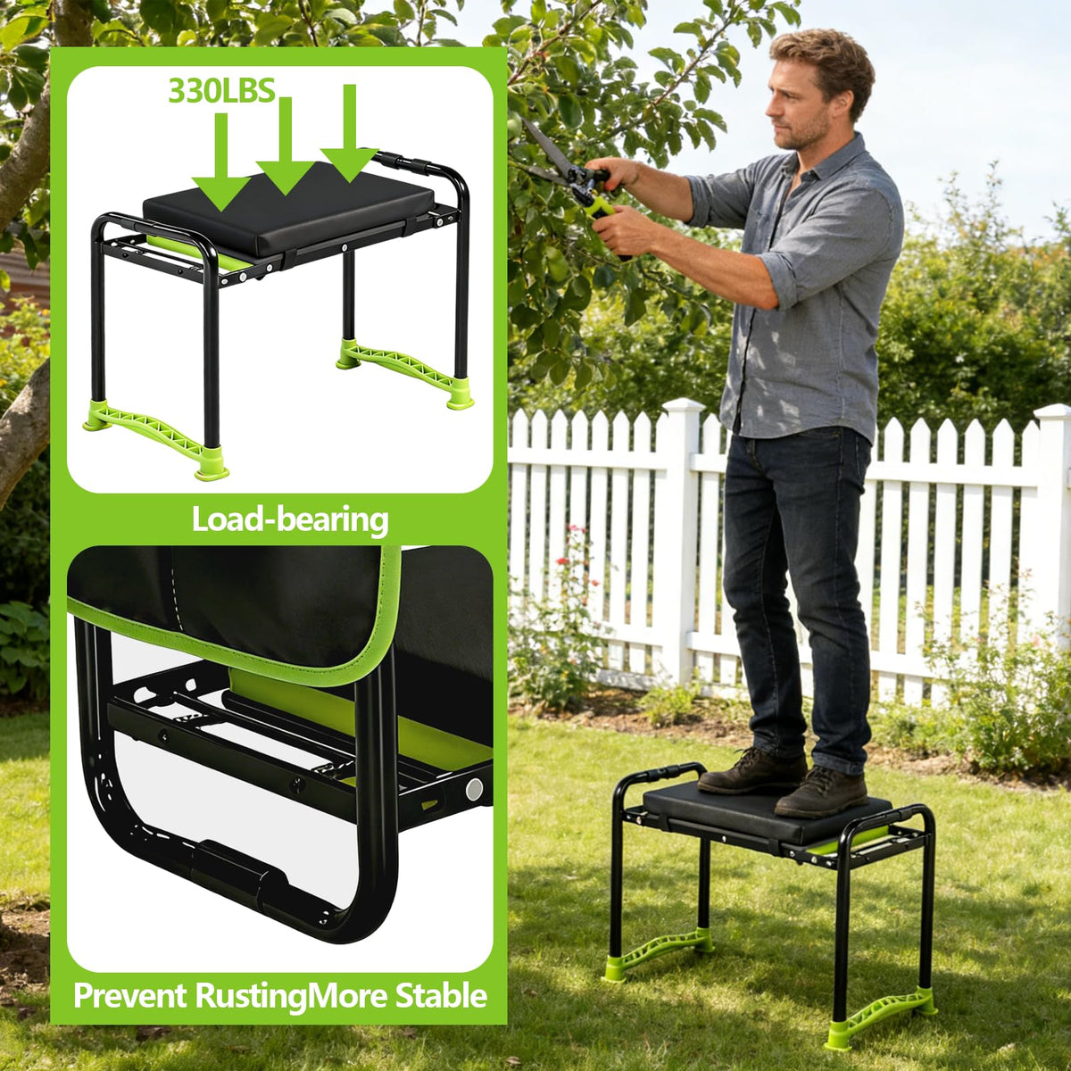 Wanderroot kneeler highlighting 11.5-inch wide ergonomic armrests for easy rising.