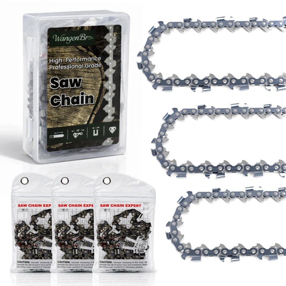 Wangenbro 8-inch pruning saw chain closeup of semi-chisel teeth for smooth cuts.