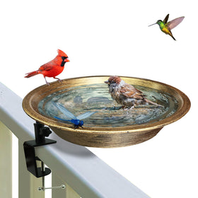 WANGIRO deck-mounted bird bath in antique bronze with sturdy deck installation.