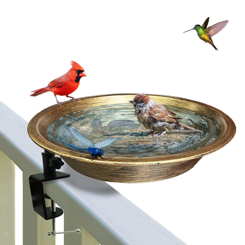 WANGIRO deck-mounted bird bath in antique bronze with sturdy deck installation.