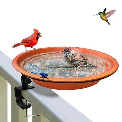 WANGIRO deck-mounted bird bath in terracotta on a railing, adds vibrant color for backyard birds.