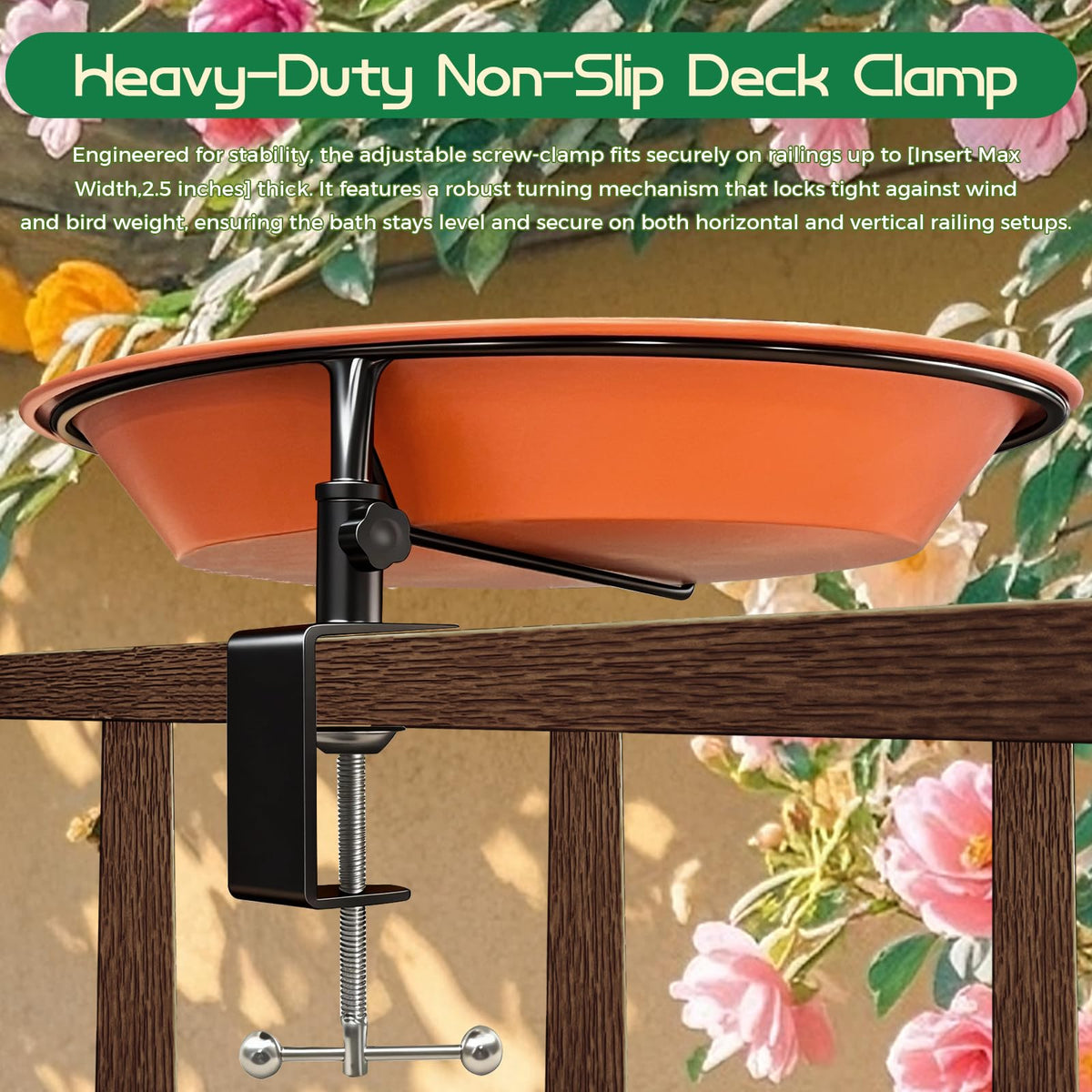 WANGIRO heavy-duty rail clamp keeps the bath stable on various balcony rails.
