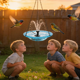 WANGXYZ blue hanging bird bath fountain offers twilight bird visits.