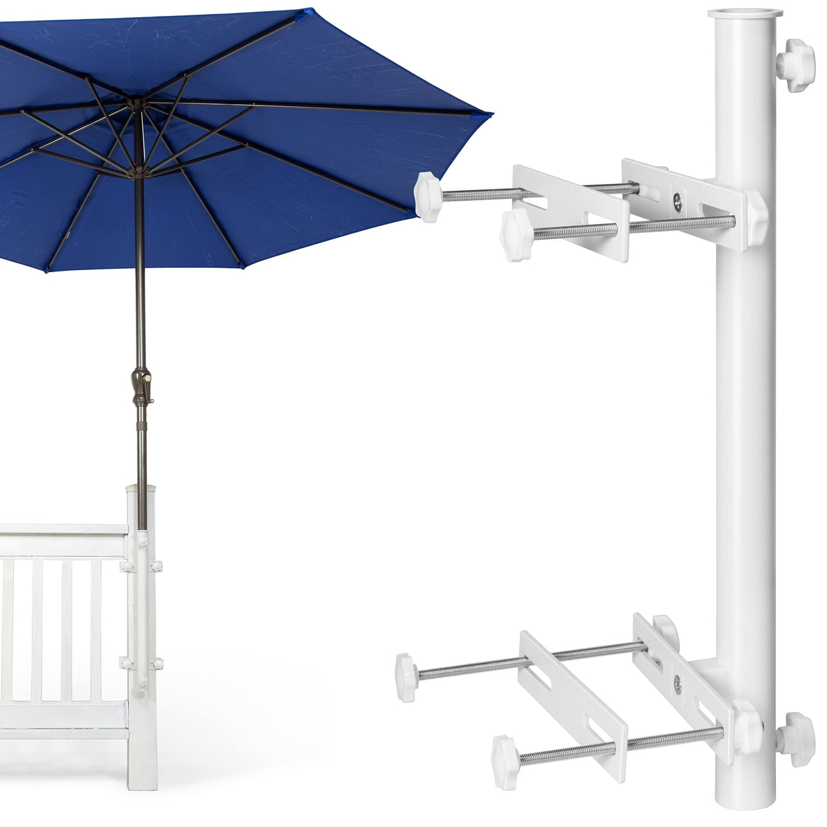 Wanhork heavy-duty stainless steel umbrella holder secured on a deck rail for sturdy shade