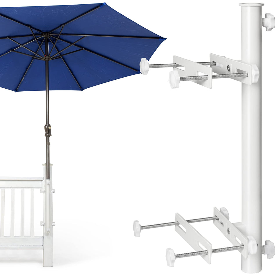 Wanhork heavy-duty stainless steel umbrella holder secured on a deck rail for sturdy shade