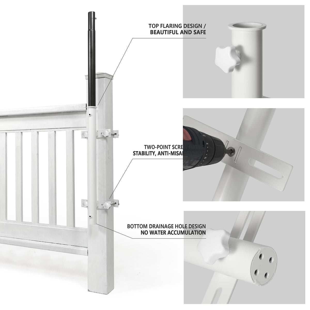 White post mount shown on a wooden railing with umbrella attached