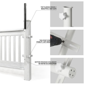 White post mount shown on a wooden railing with umbrella attached