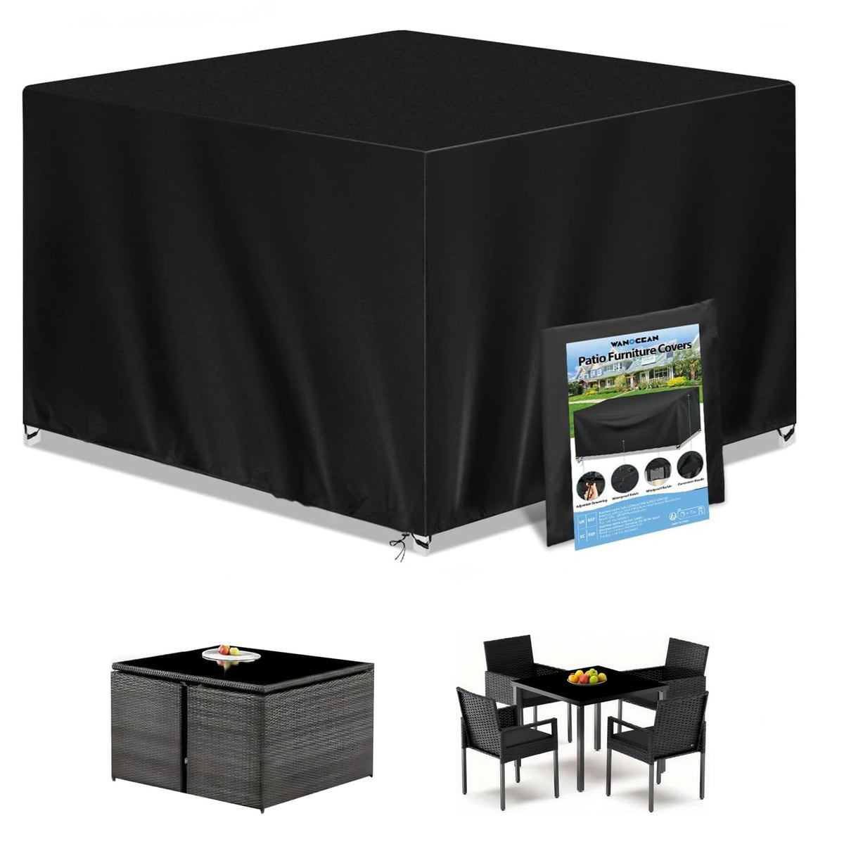 Wanocean 55x55 patio cover protecting square table from rain and sun