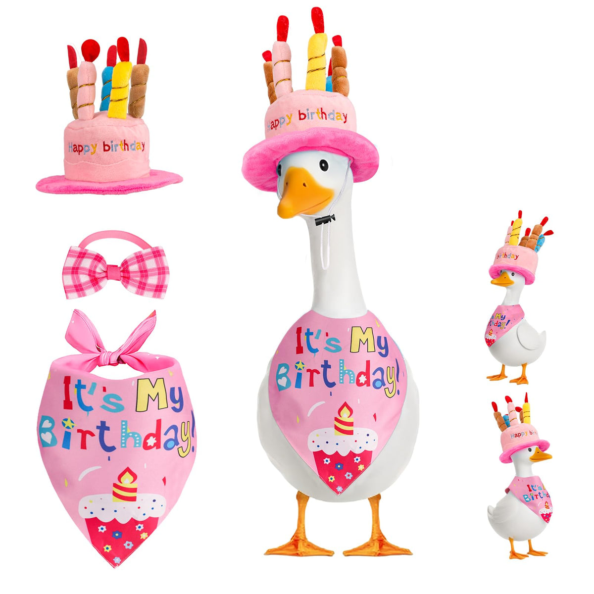 Wanocean porch goose outfit with cake hat enhances garden birthday decor