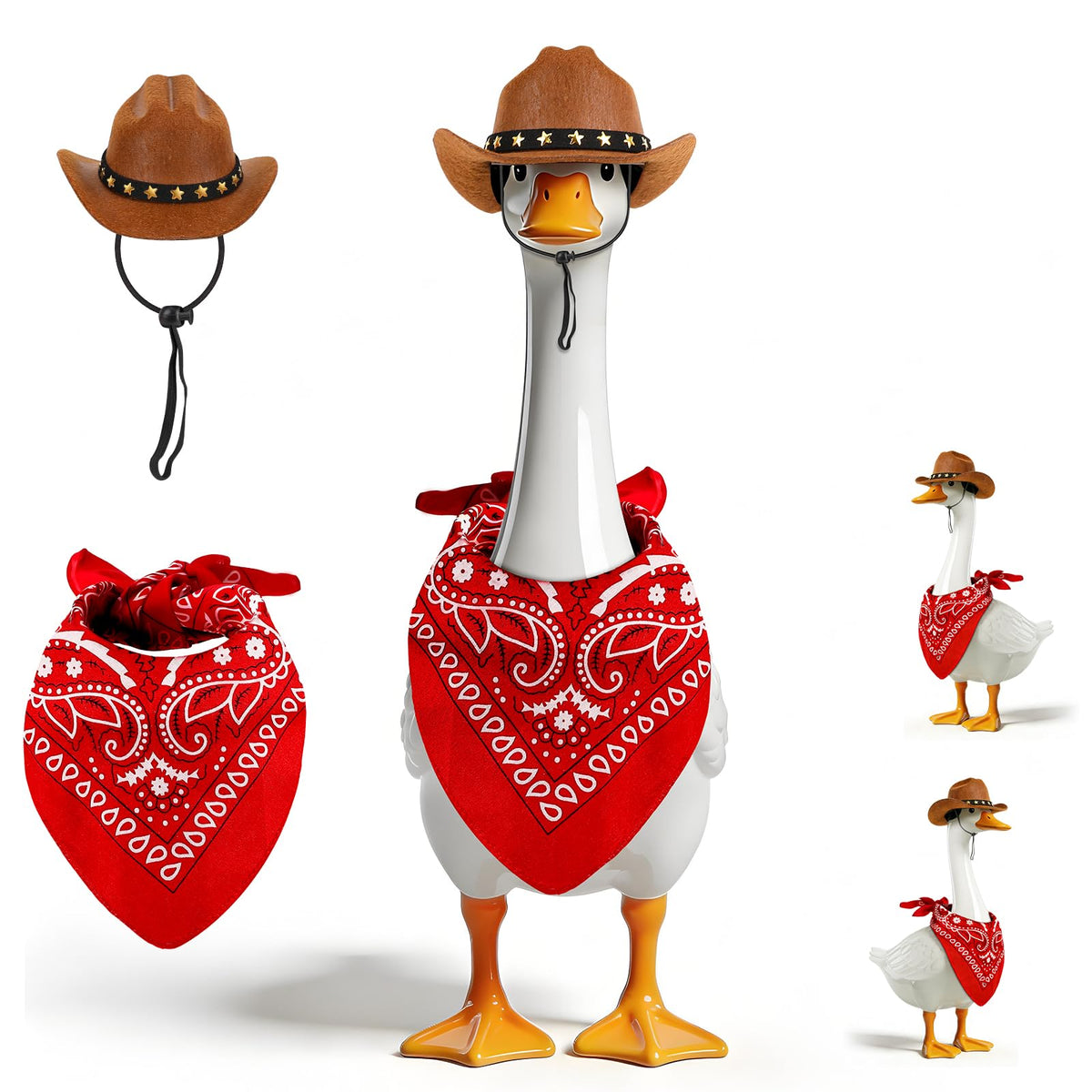 Wanocean porch goose outfit with cowboy hat on a lawn statue, ideal for festive decor.
