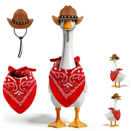 Wanocean porch goose outfit with cowboy hat on a lawn statue, ideal for festive decor.