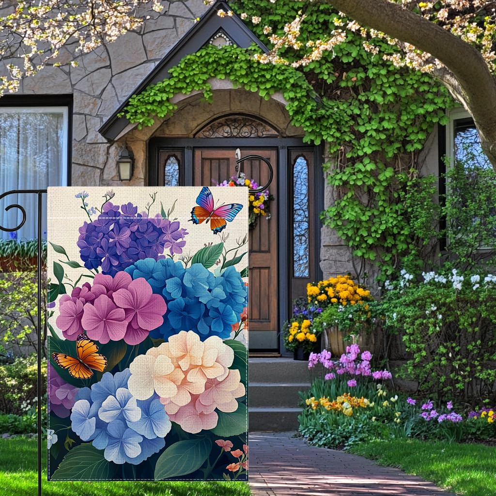 Wanpluml colorful hydrangea flowers flag enhances patios with vibrant seasonal charm.