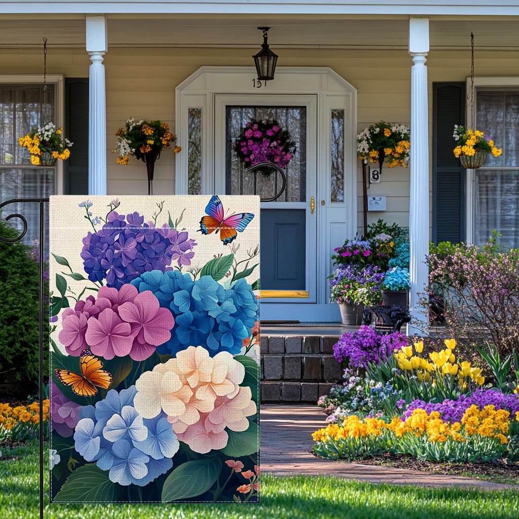 Wanpluml double-sided hydrangea flag is visible from both garden angles.