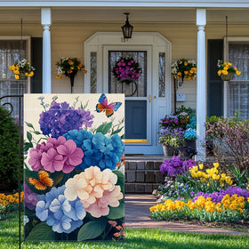 Wanpluml double-sided hydrangea flag is visible from both garden angles.