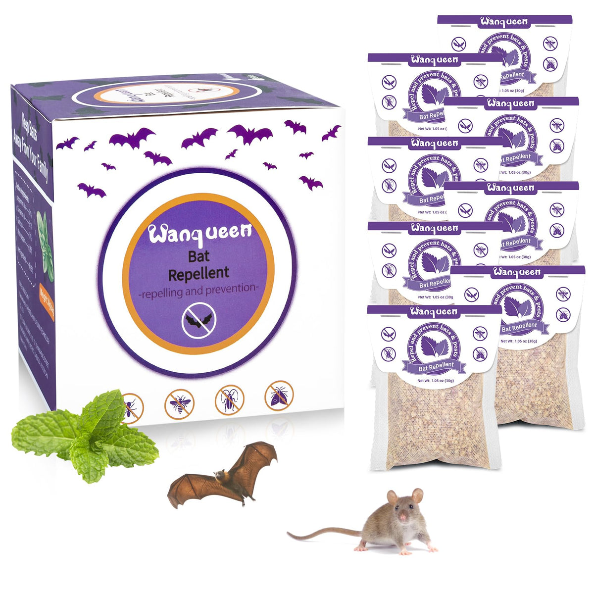 Wanqueen 8-pack bat repellent pouches deter bats in attics and outdoor areas.