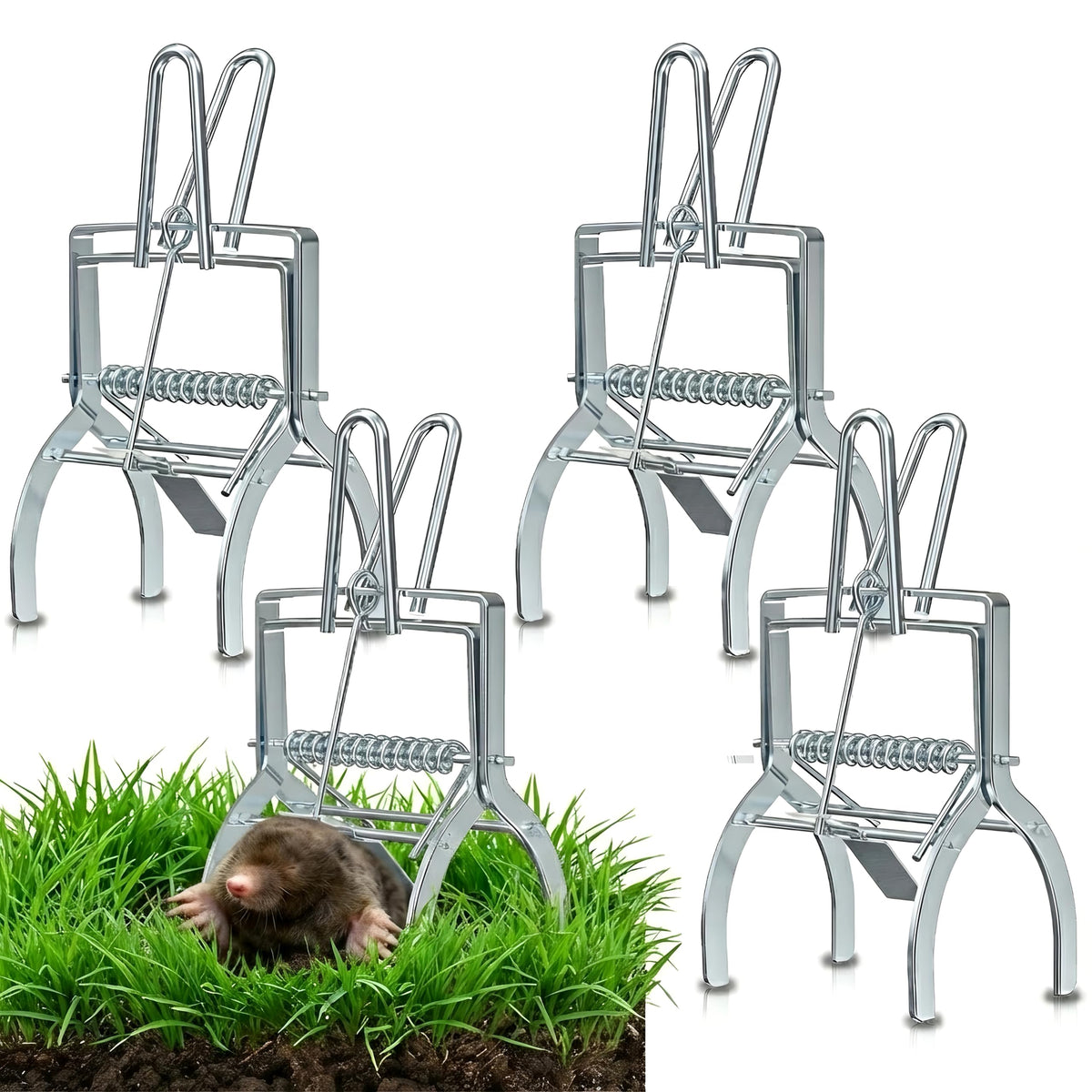 Wanqueen mole trap lawn setup image; easy vertical insertion for quick capture.