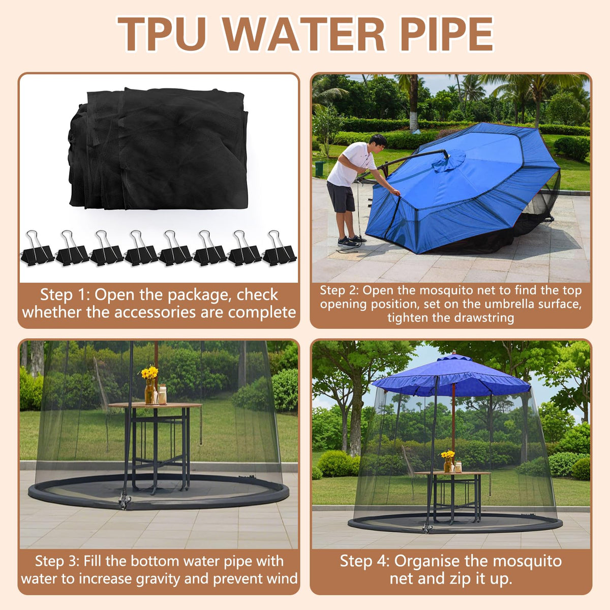 WANRU canopy net provides stable shade with built-in water hose.
