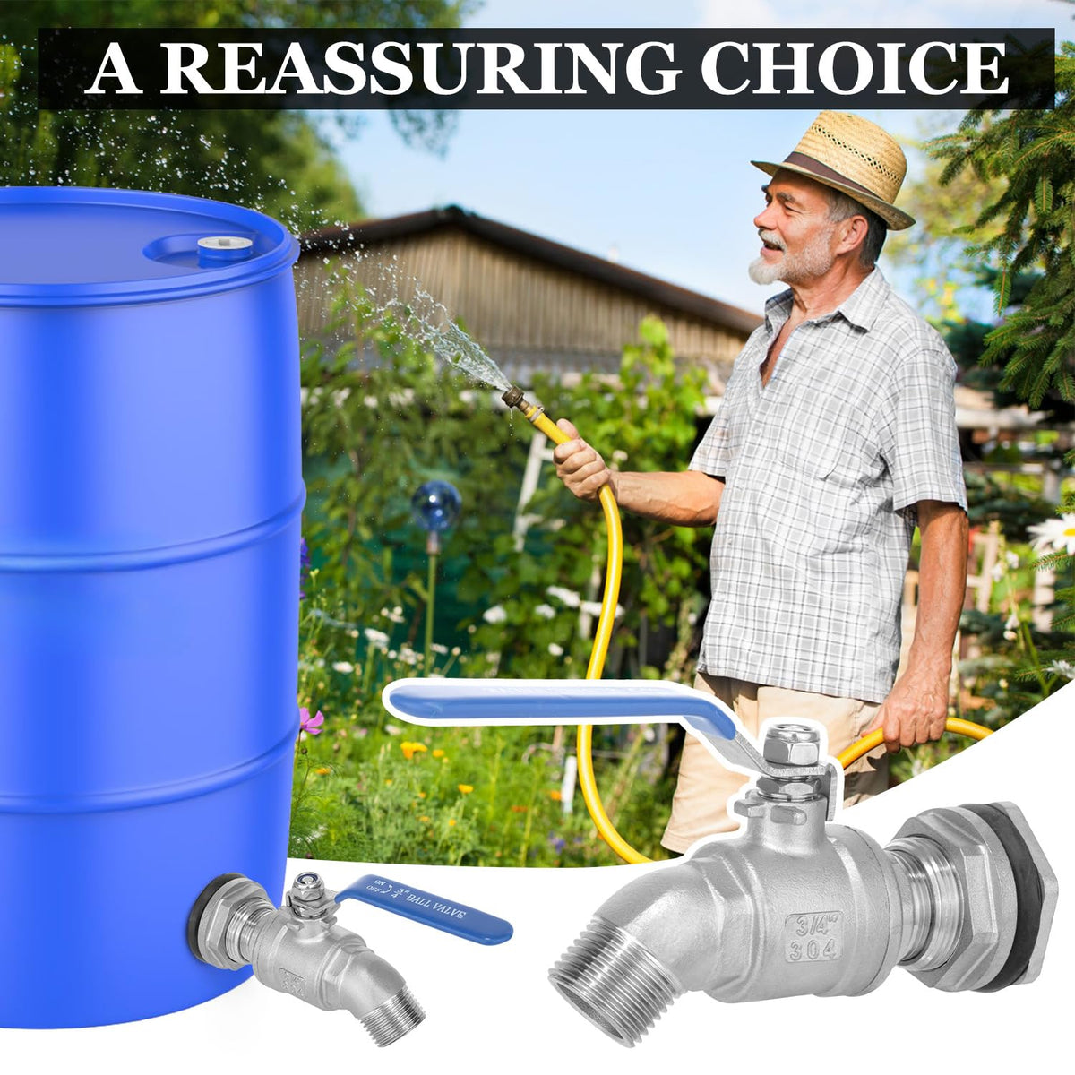 Wantmatch rain barrel spigot in use outdoors with garden hose