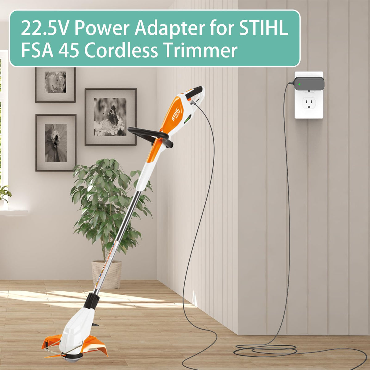 WAPUUPOL STIHL BGA45 charger side view highlights easy placement near tools