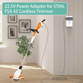 WAPUUPOL STIHL BGA45 charger side view highlights easy placement near tools