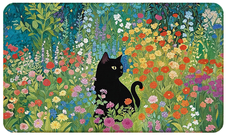 WARDOS Floral Black Cat Welcome Doormat with wildflowers greets guests and traps dirt at the door