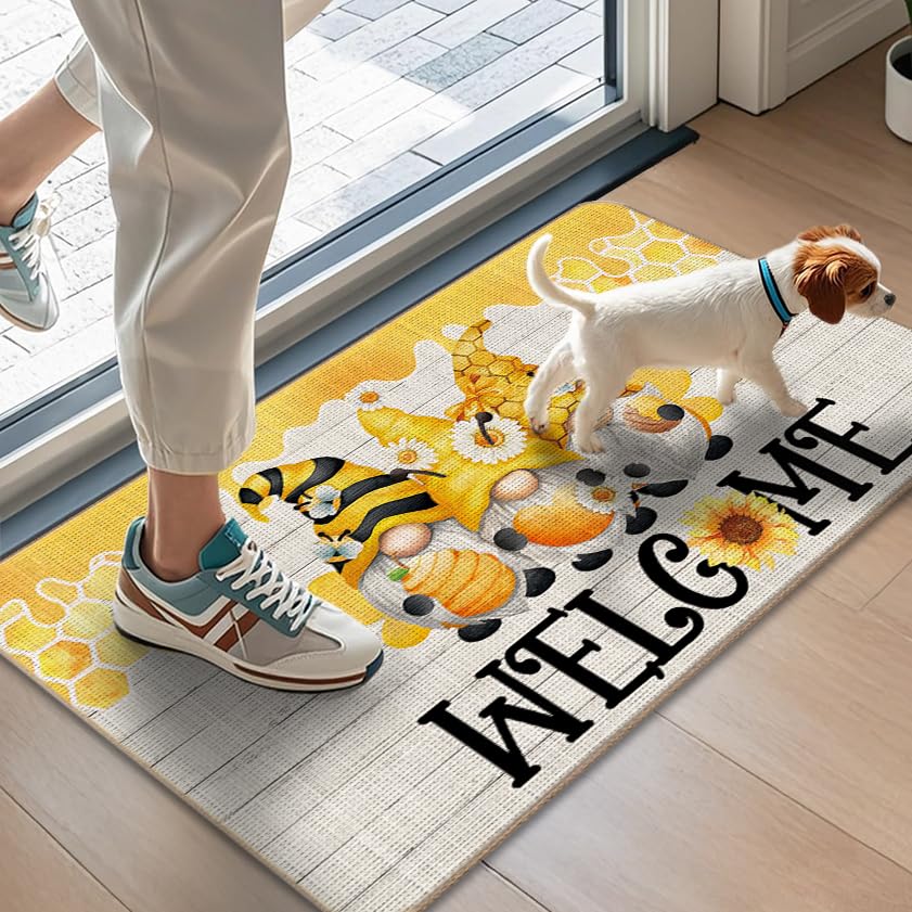 WARDOS Gnome Sunflower Doormat textured close-up showcases durable linen and non-slip backing