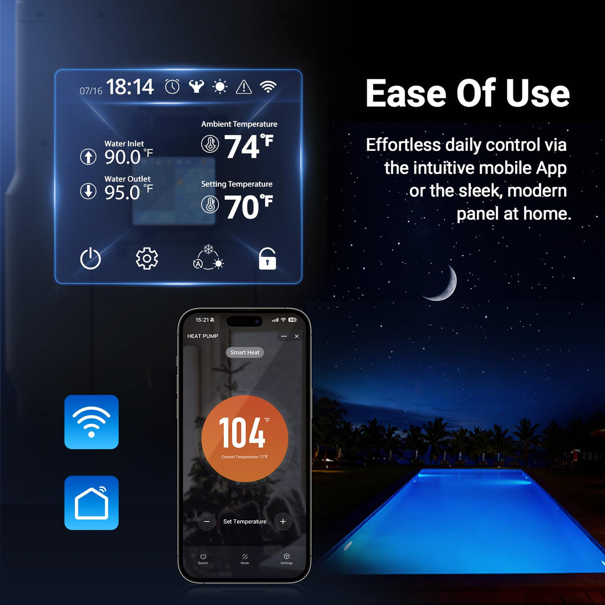 WARMBLU H18 operates quietly, keeping poolside ambience under 50 dB.