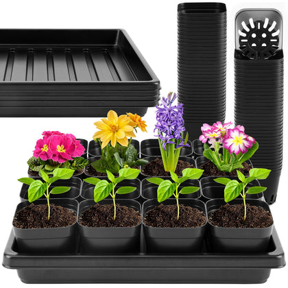 Warmfarm 100 Pics nursery pots with trays set up for seed starting and organization.