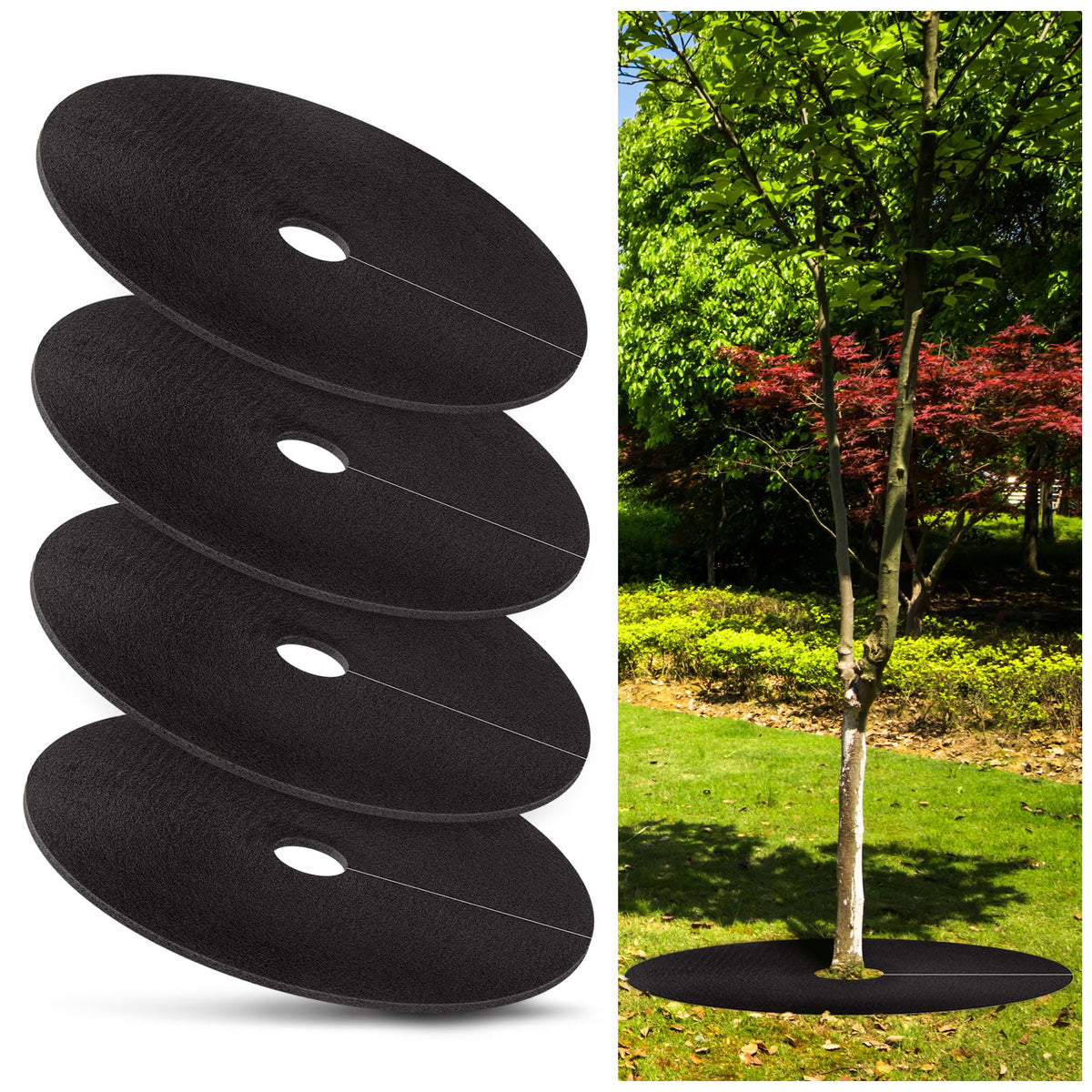 Warmfarm 32.5-inch tree mulch ring around a young tree, protecting the root zone.