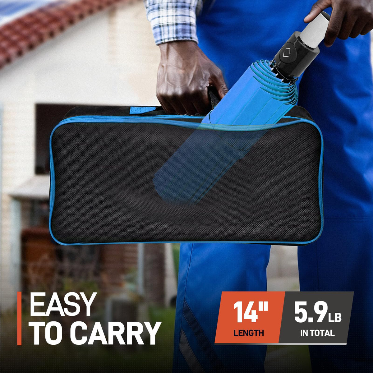 WARMOASIS portable umbrella with storage bag for easy transport.