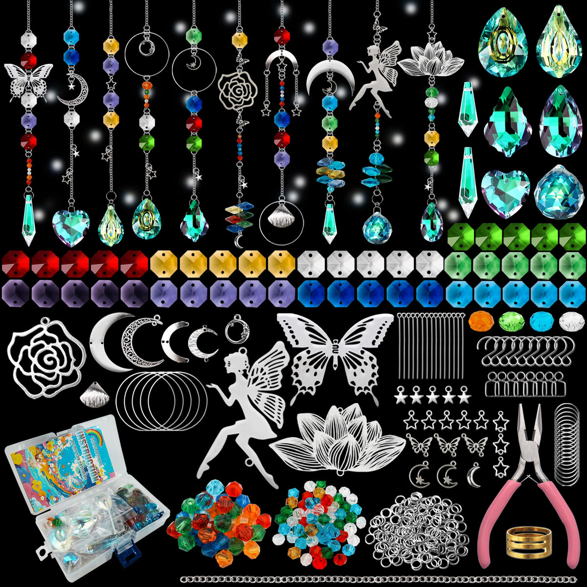WASTROYAL sun catcher kit contents with crystals and charms for DIY decor.