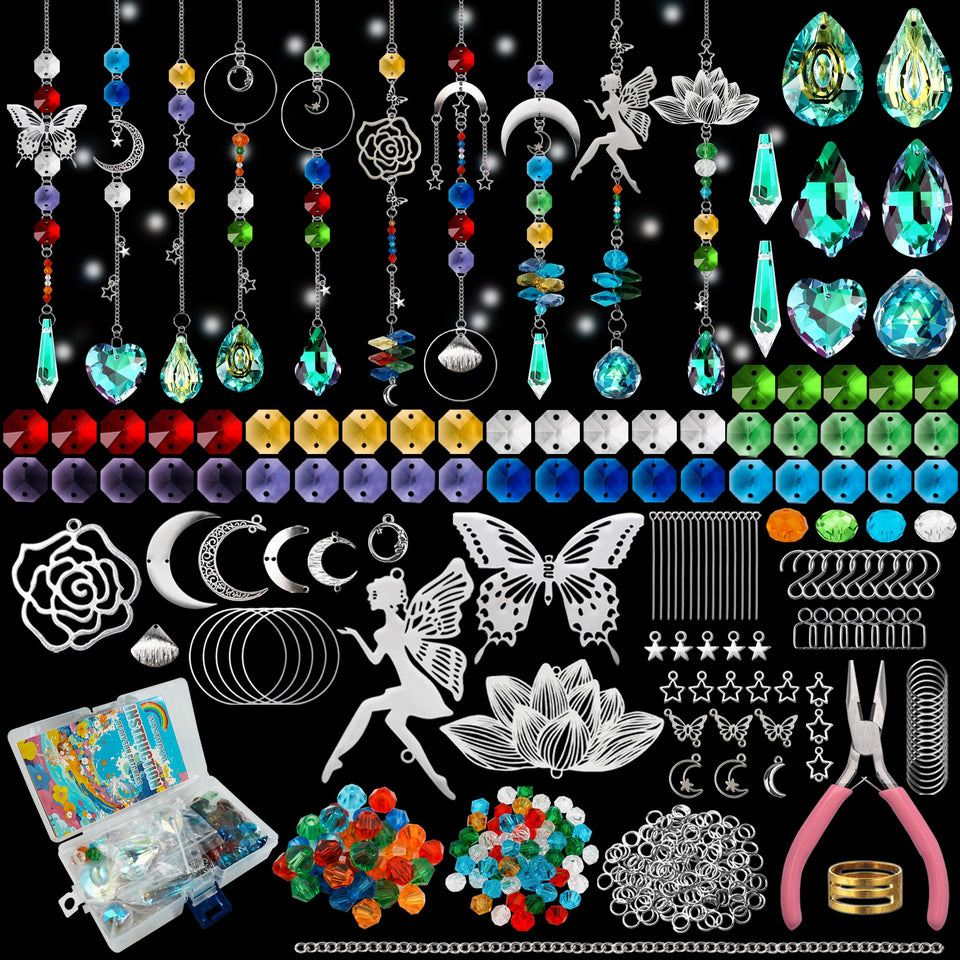 WASTROYAL sun catcher kit contents with crystals and charms for DIY decor.