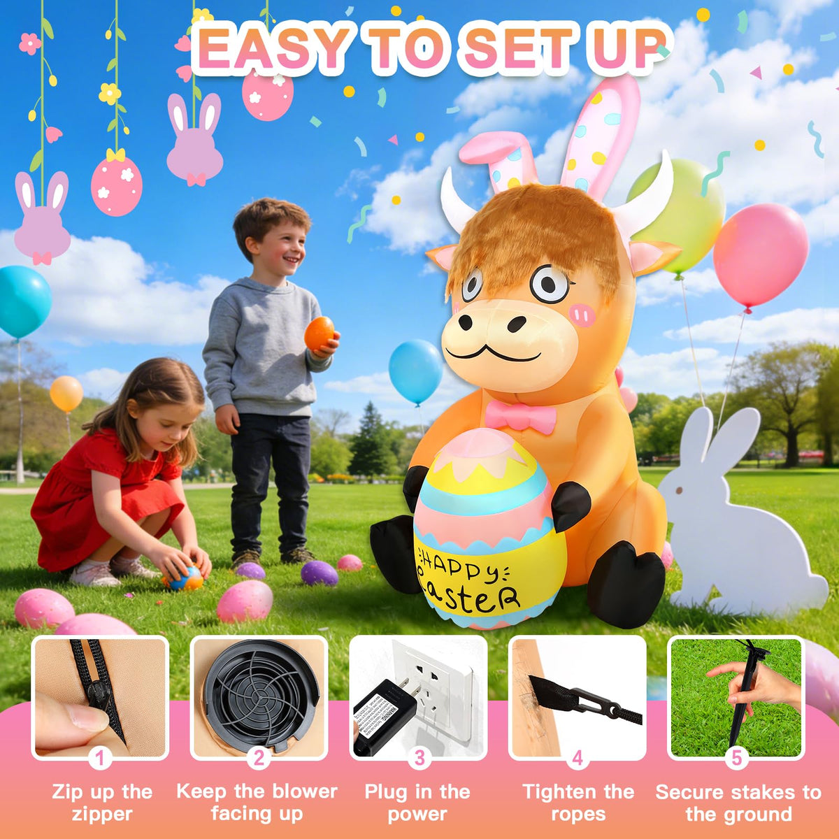 Watato Easter Highland Cow durable-polyester construction withstands weather
