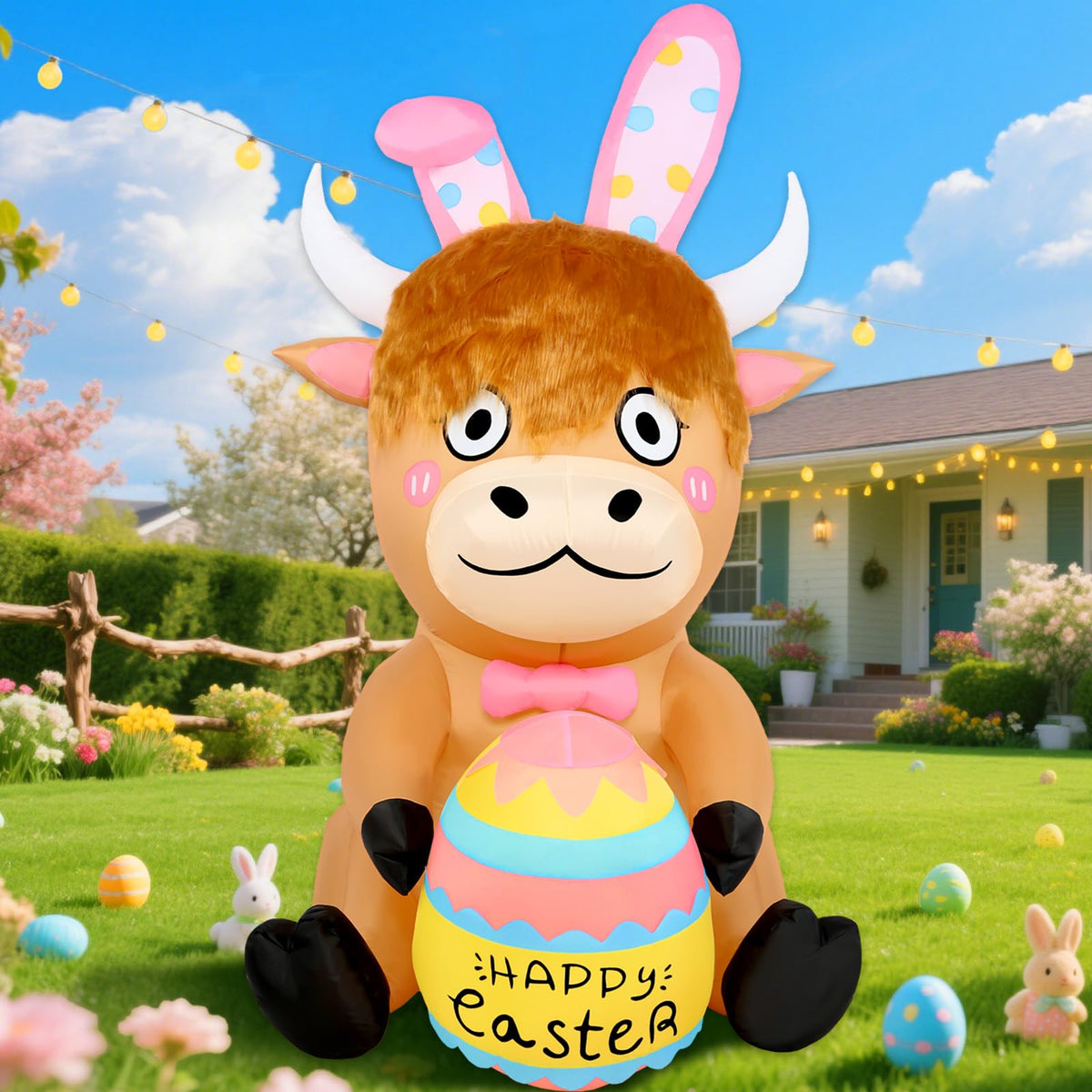 Watato Easter Highland Cow holding-eggs inflatable for outdoor celebration