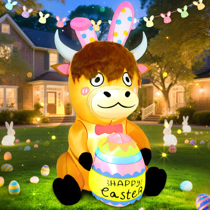 Watato Easter Highland Cow inflatable-5ft for yard display and spring joy
