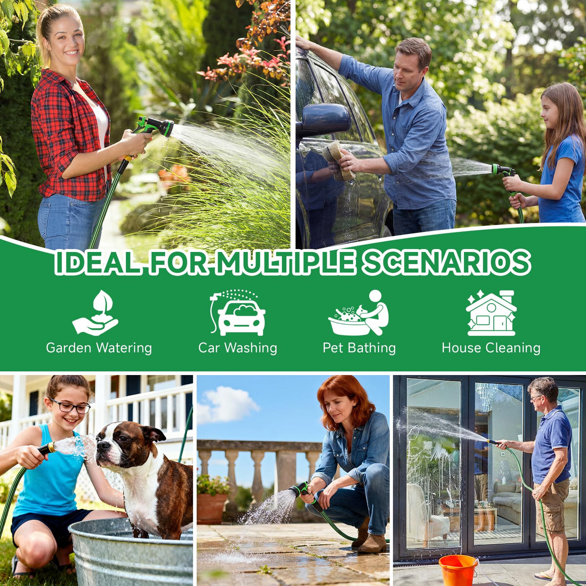 Watato hose supports versatile tasks like garden watering and car washing.