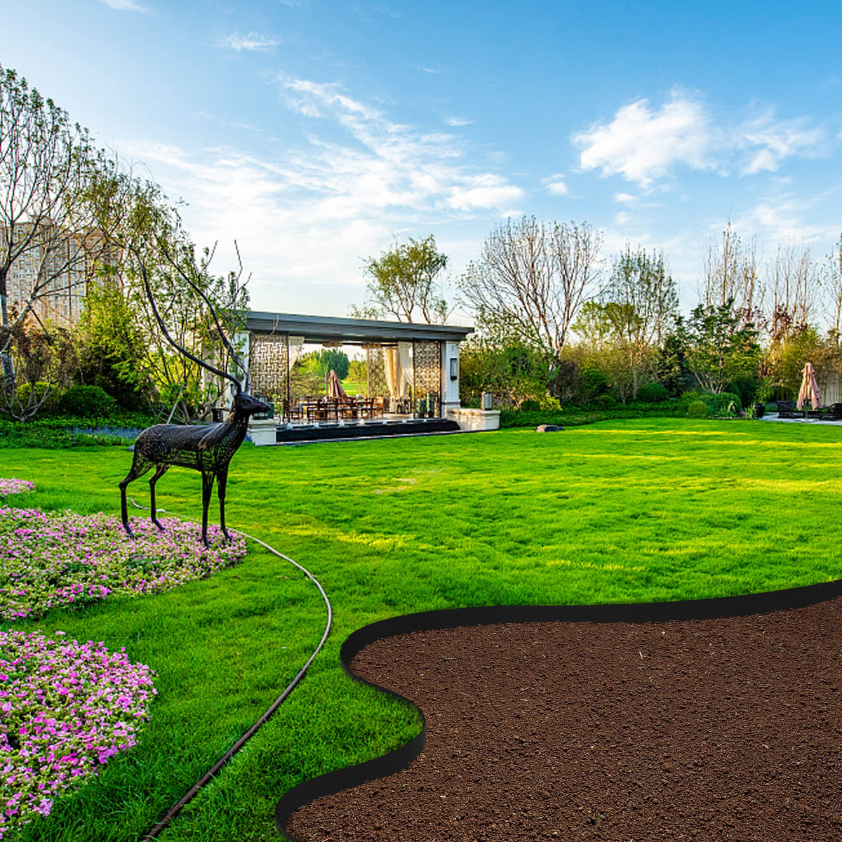 Watayo flexible edging adapts to curves, making installation easier along sidewalks and beds.