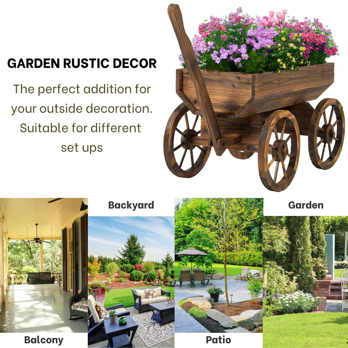 Watbick Wood Wagon Planter close-up showing grain finish and rust-free build.