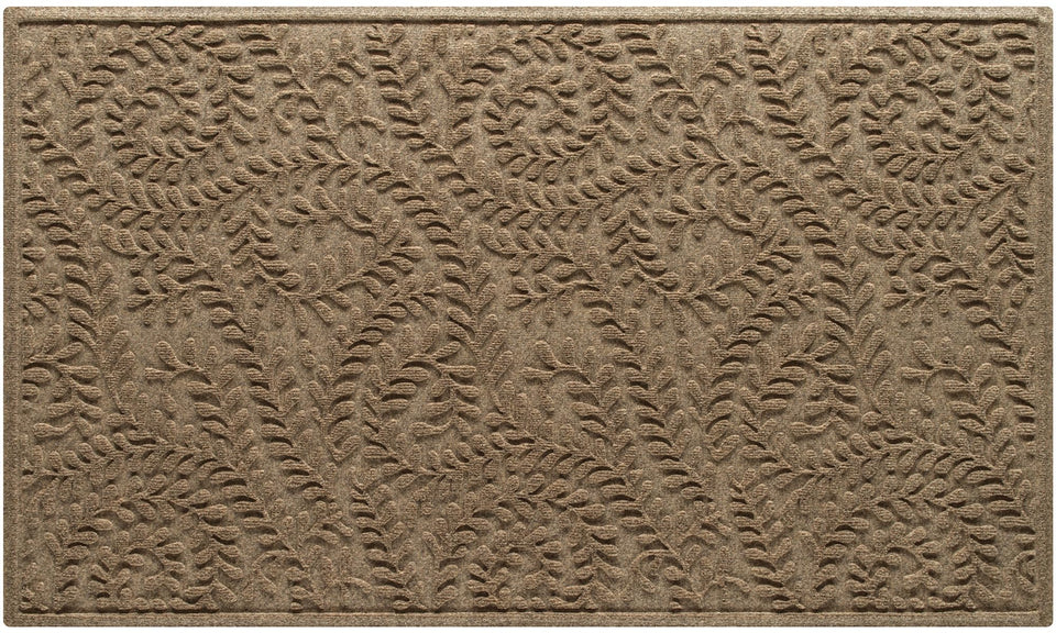 WaterHog Boxwood front door mat in camel color with absorbent surface traps dirt at entry.