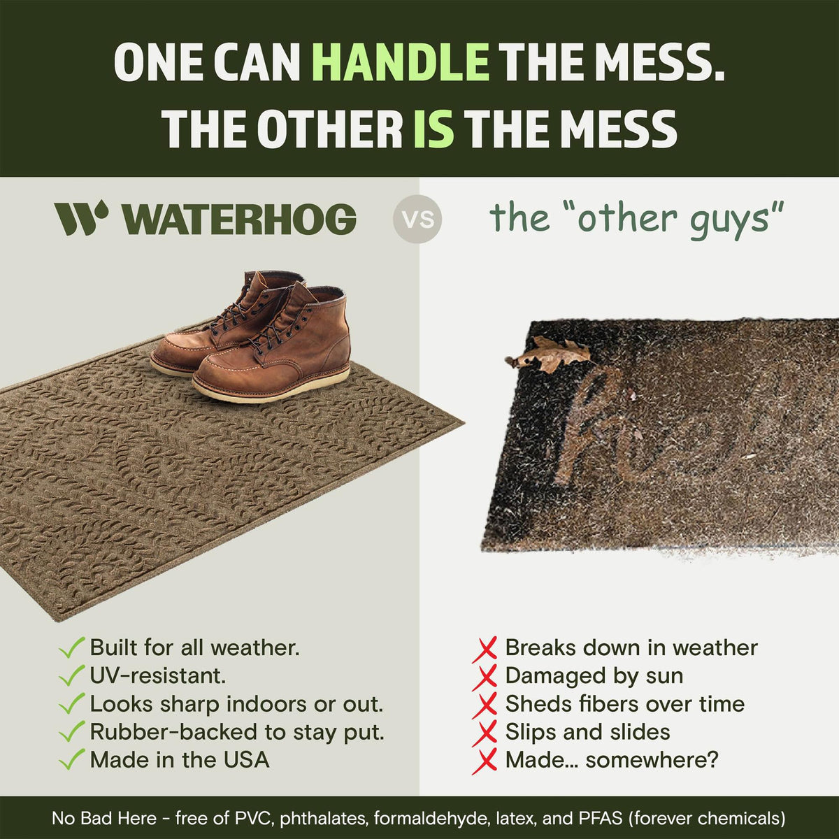 WaterHog Boxwood made in USA with recycled PET fibers.