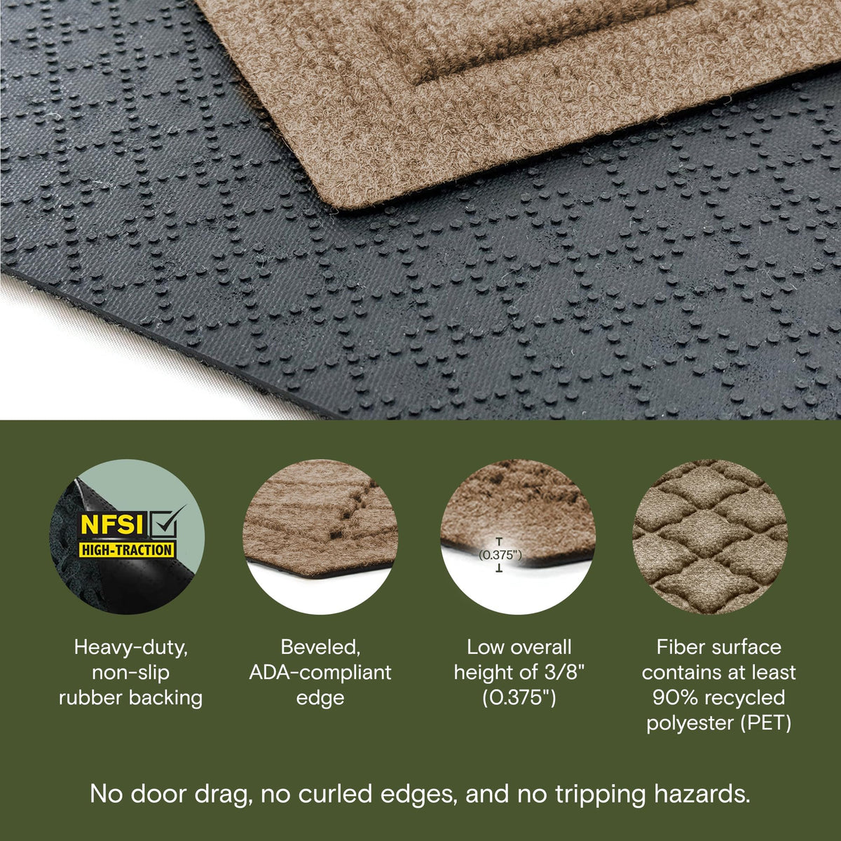 WaterHog Cordova non-slip rubber backing keeps mat secure on wood or tile.