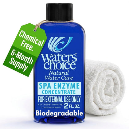 Waters Choice 2 oz enzyme concentrate bottle shown for spa care and clarity