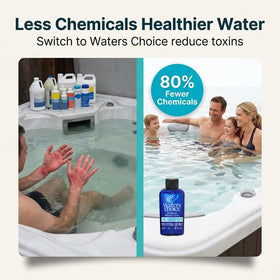 Waters Choice enzyme concentrate bottle being poured into spa water