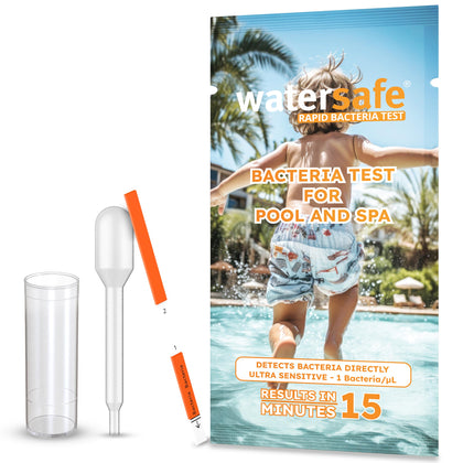 Watersafe pool and spa rapid bacteria test front view shows kit packaging for on-site checks.