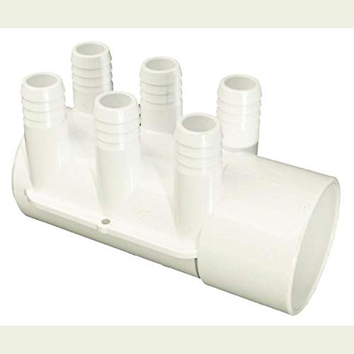 Waterway manifold shows six ports with 3/4 inch barb connections for versatile distribution in spa and pool plumbing.