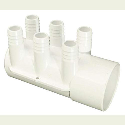 Waterway manifold shows six ports with 3/4 inch barb connections for versatile distribution in spa and pool plumbing.